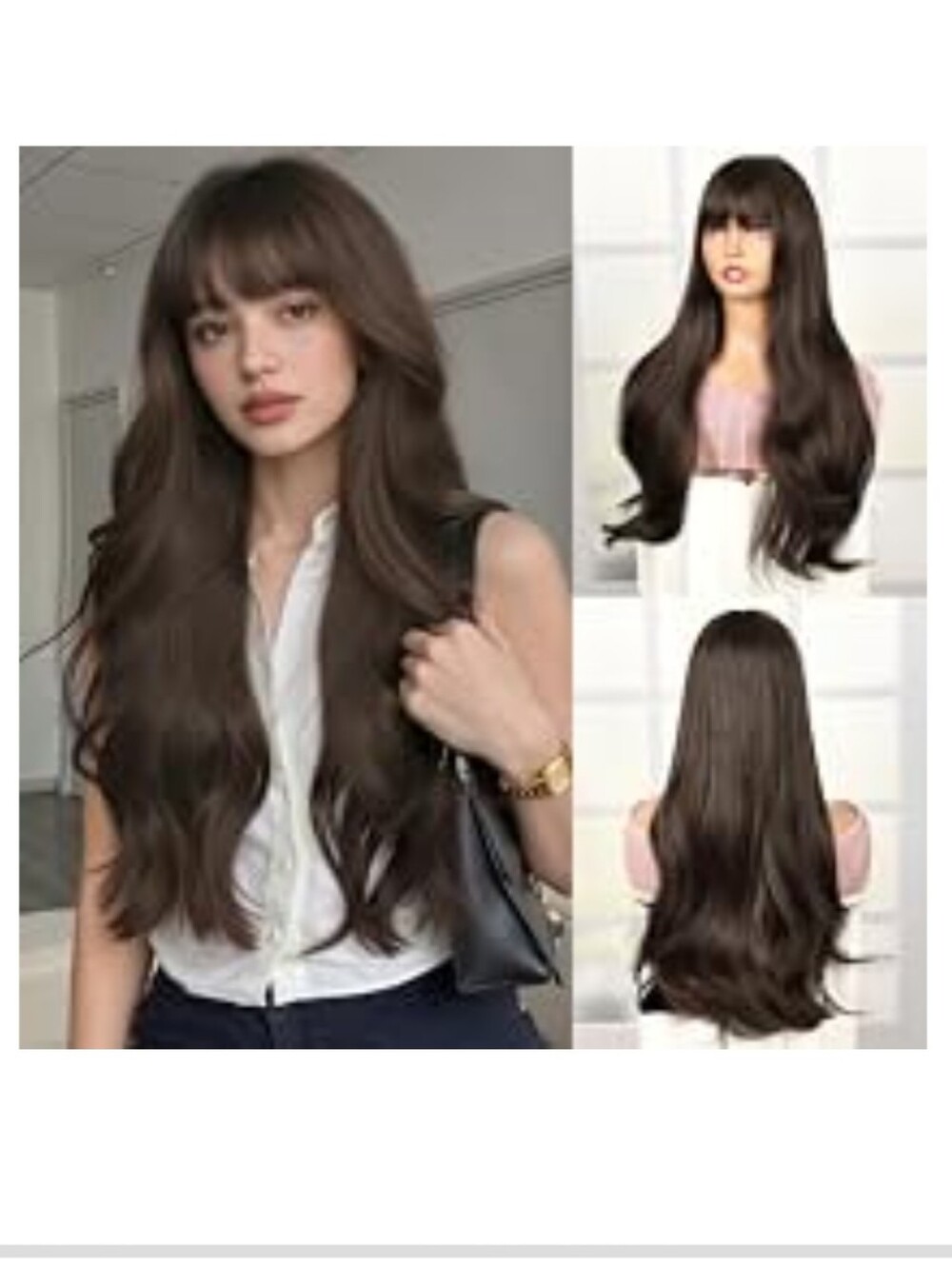 Long Layered Women's Wig with Full Bangs - Dark Chocolate Brown